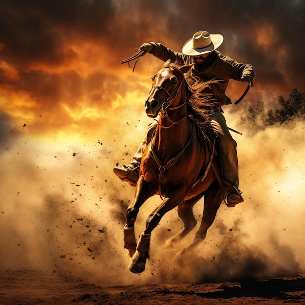 Foto cowboy, bel cavallo a cavallo, immagine a fuoco, ia generativa.
