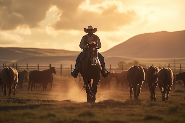 Cowboy op paard die vee hoedt door een generatieve ai