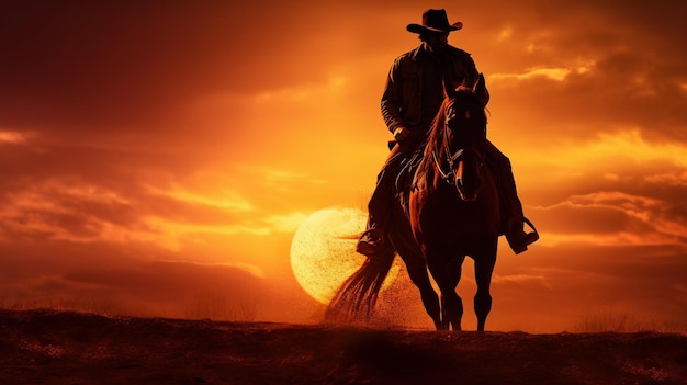 A cowboy rides a horse against the backdrop of a beautiful sunset