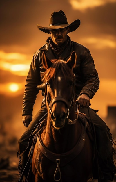 A cowboy rides a horse against the backdrop of a beautiful sunset