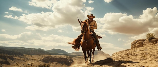 Photo a cowboy rides a horse in the desert