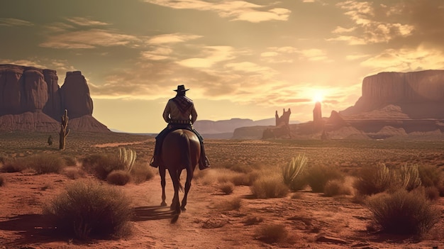 Foto un cowboy cavalca un cavallo nel deserto.