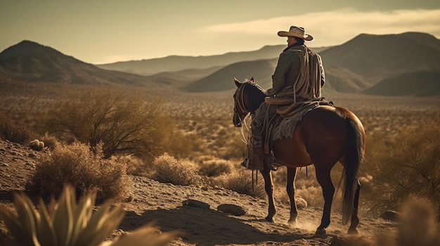 A cowboy rides a horse in the desert.