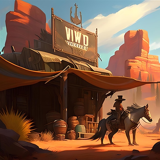 A cowboy rides a horse in front of a store called virto.