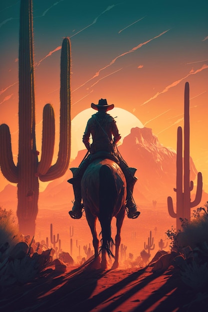 Foto cowboy che cavalca un cavallo nel deserto al tramonto generativo ai