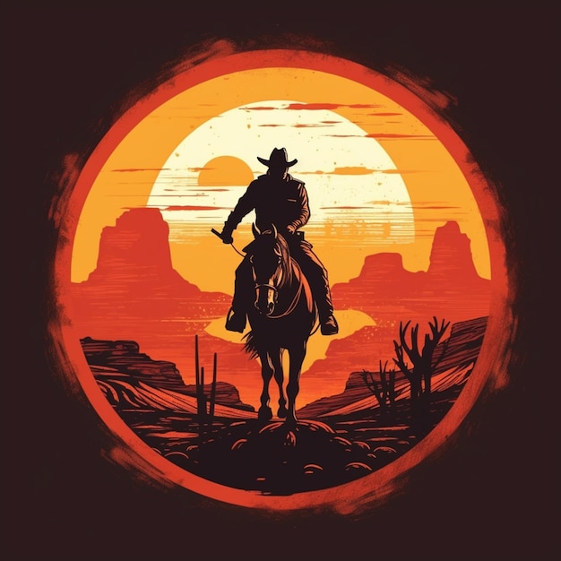 A cowboy riding a horse in a desert sunset