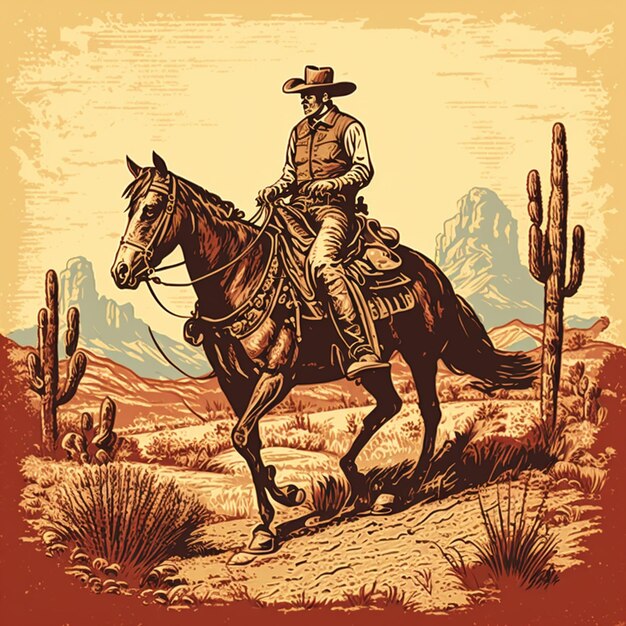 Photo cowboy riding a horse in the desert with a cactus in the background generative ai