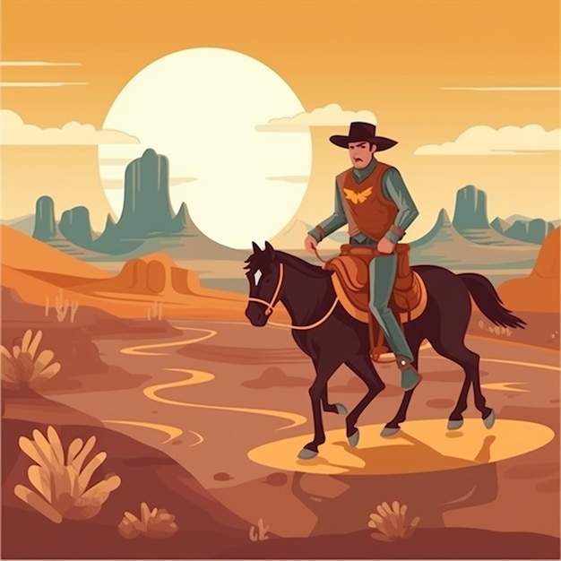 砂漠で馬に乗るカウボーイ。