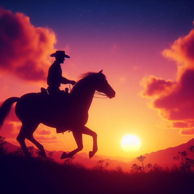 a cowboy riding a horse in front of a sunset