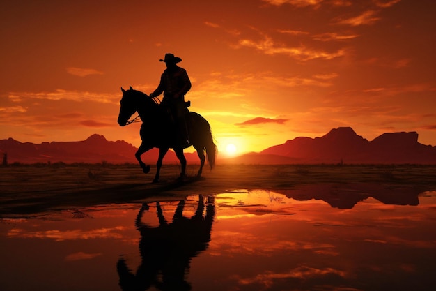 cowboy riding a horse in front of a sunset