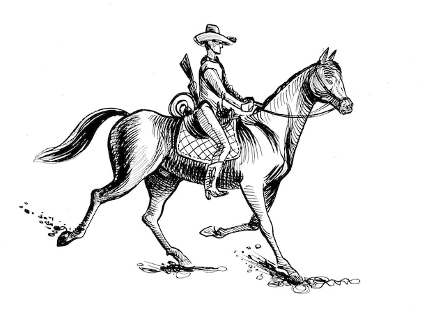 馬に乗るカウボーイ 手描きのインクで黒と白の絵