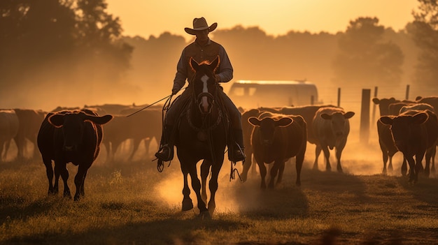 Cowboy riding horse herding cows during sunrise on farm