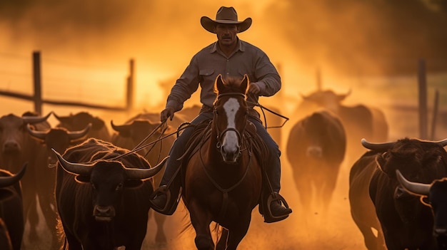 Cowboy riding horse herding cows during sunrise on farm