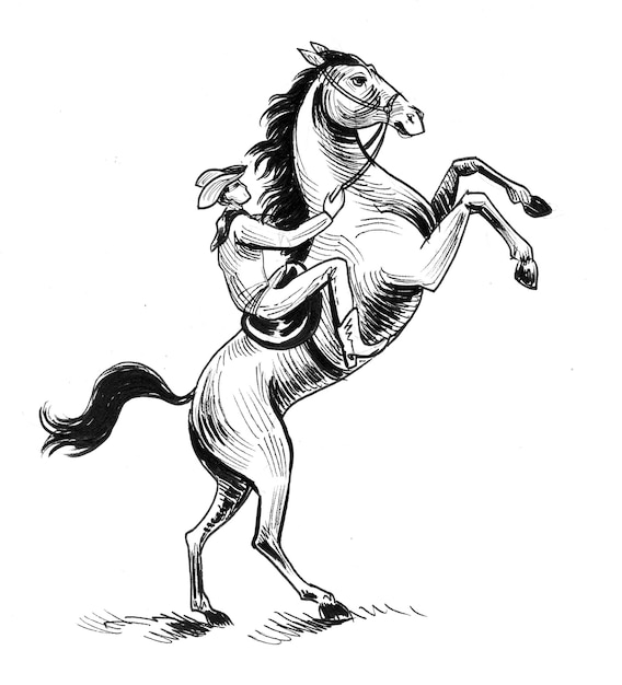 Photo cowboy riding a horse. ink black and white drawing