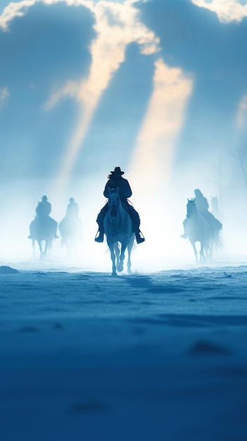 Cowboy riding horse at snow