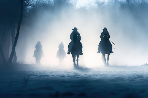 Cowboy riding horse at snow