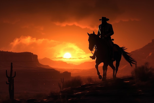 Cowboy riding horse at sunset