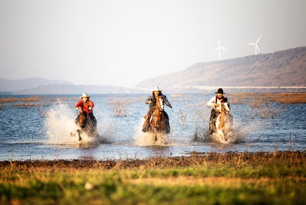 Cowboy a cavallo nel campo