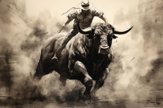 Cowboy riding and taming the wild bull charcoal drawing on paper