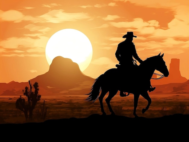 Cowboy rijdt op een paard bij zonsondergang.