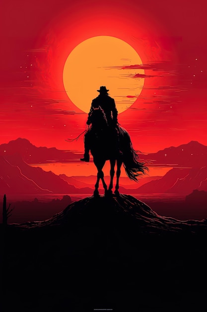 Cowboy rijdt op een paard in zonsondergang alleen silhouet zichtbaar tegen oranje hemel kopie ruimte banner