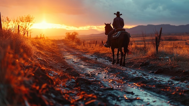 Foto cowboy rijdt paard bij zonsondergang op het platteland silhouette