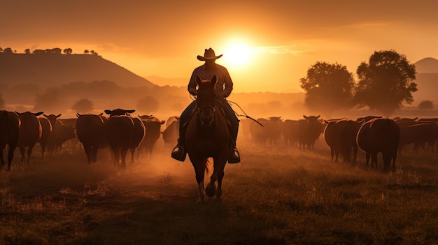 Cowboy rijpaard hoeden koeien tijdens zonsopgang op de boerderij