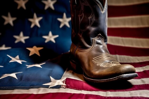 A cowboy's boot is on a american flag