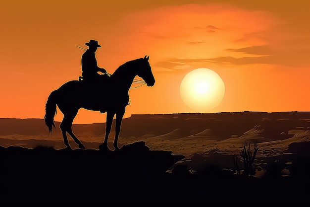 Cowboy silhouet op paard bij zonsondergang