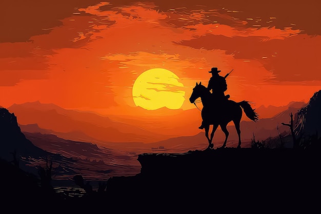 Cowboy silhouette on horse at sunset