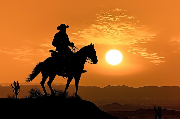 Cowboy silhouette on horse at sunset