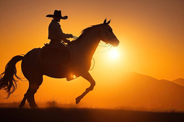 A cowboy silhouette riding on a mountain with an yellow sky ai generative