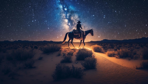 Foto cowboy siede su un cavallo sotto un cielo notturno straordinariamente bello ia generativa