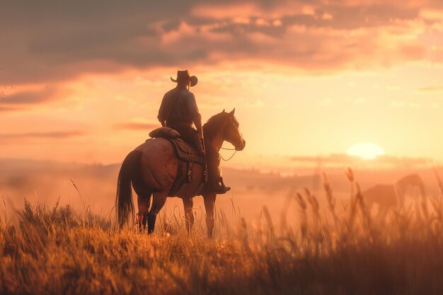 Cowboy taming a wild mustang with patience and ski