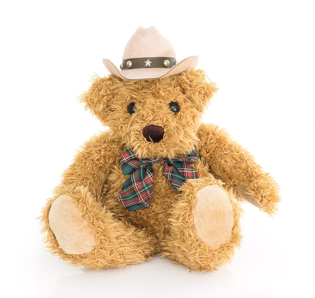 Cowboy teddy bear sitting on white 