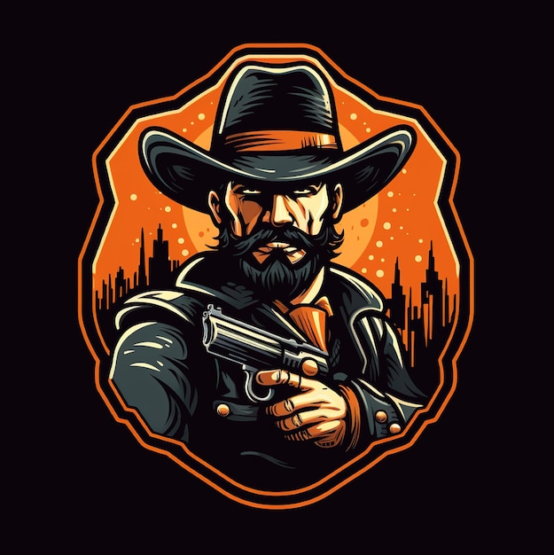 a cowboy with a gun in his hand is shown in an orange and orange background.