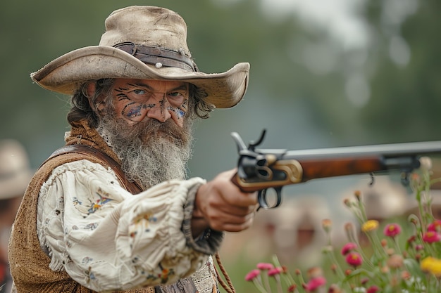 Cowboy with painted face aiming a rifle