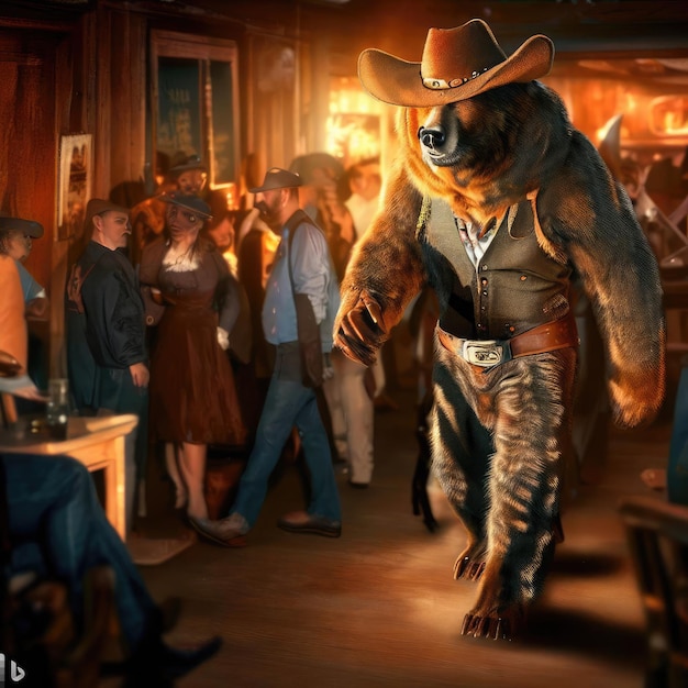 Cowboy wolf in museum with people