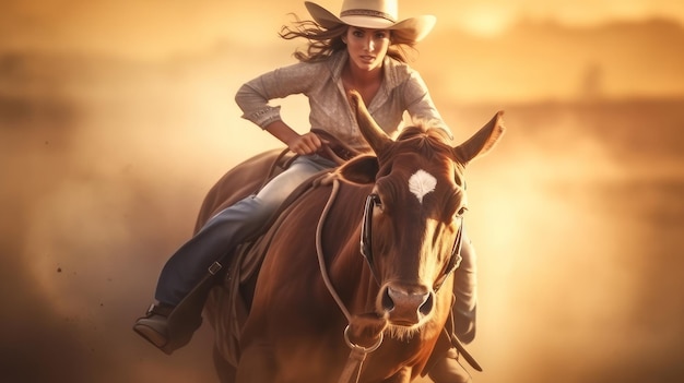 cowboy woman riding a horse in the sunset