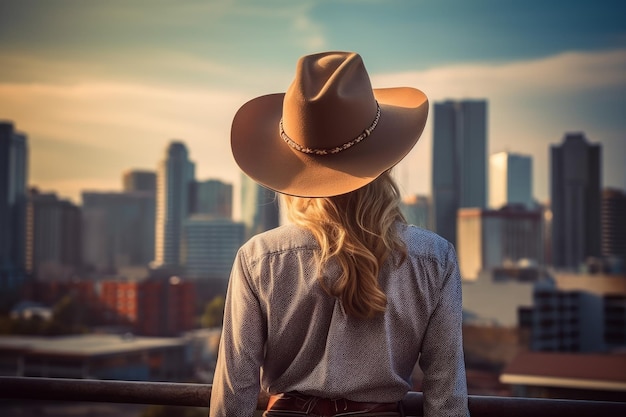 Cowboy woman wild west skyscrapers movie Generate Ai