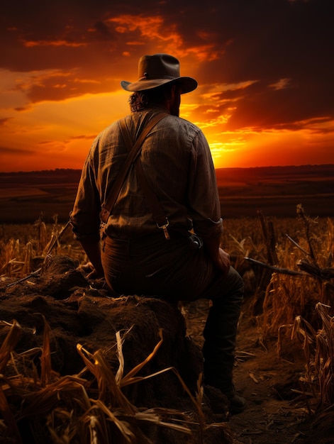 Cowboy zit op een boomstam in het veld bij zonsondergang