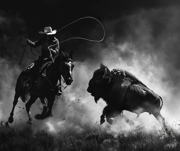 Photo cowboys are riding horses and chasing a buffalo in the dust generative ai