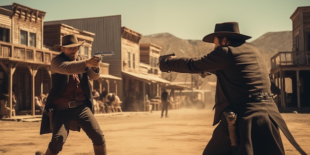 Photo cowboys in countryside duel or gunfight generative ai