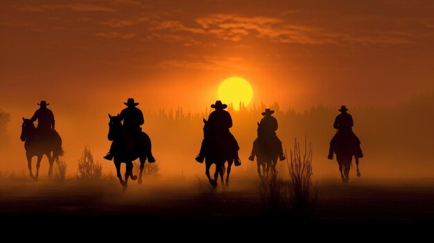 Photo cowboys on horseback silhouetted by the setting sun