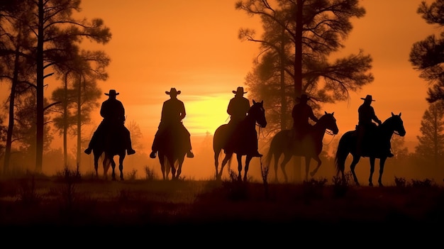 Cowboys on horseback silhouetted by the setting sun