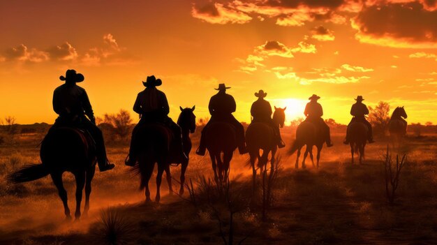 Cowboys on horseback silhouetted by the setting sun