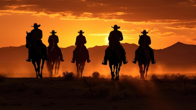 Cowboys te paard, afgetekend door de ondergaande zon