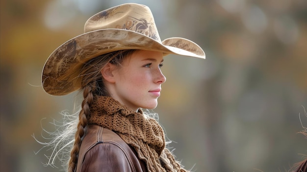 Photo cowgirl in autumn scene wearing cowboy hat and leather jacket