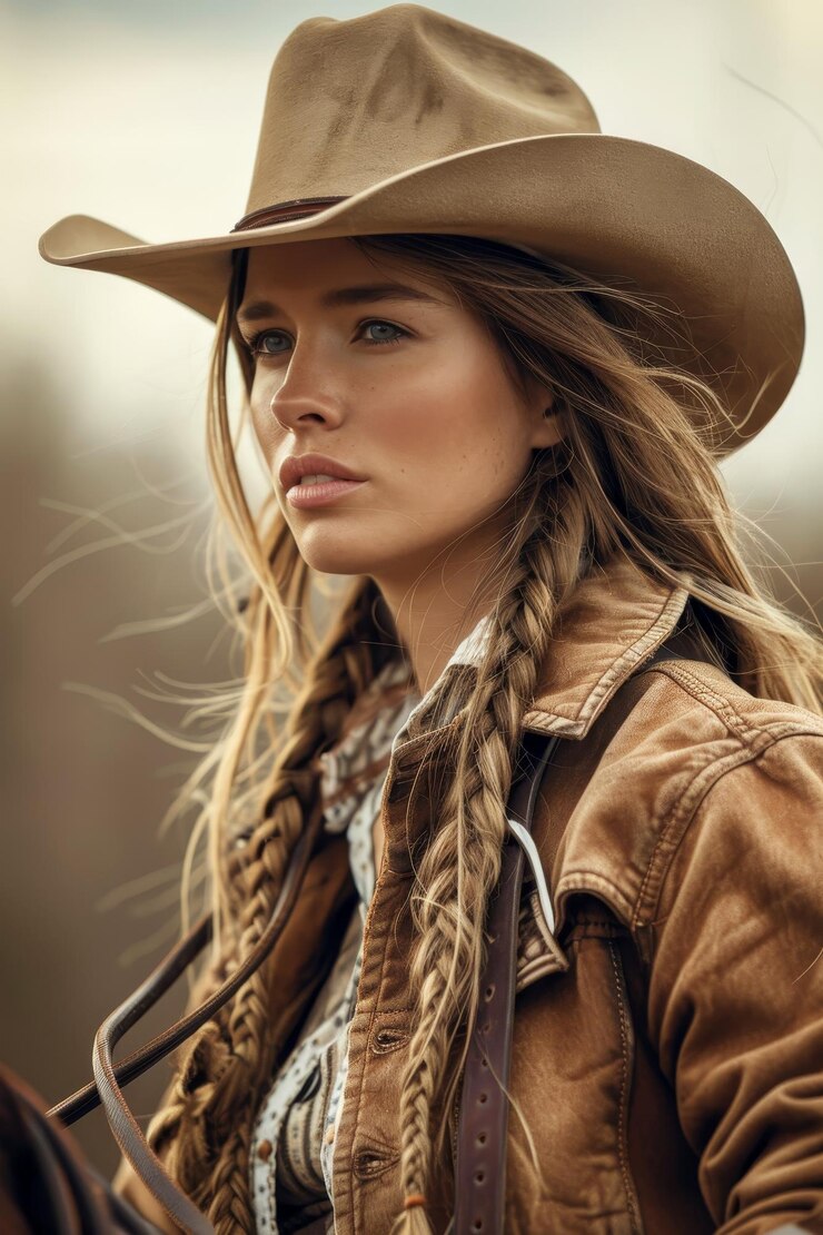 Photo cowgirl in a hat on a horse generative ai