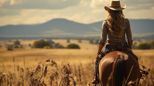 写真 谷の底にある山に向かって背中を向けて馬に乗ったカウガール